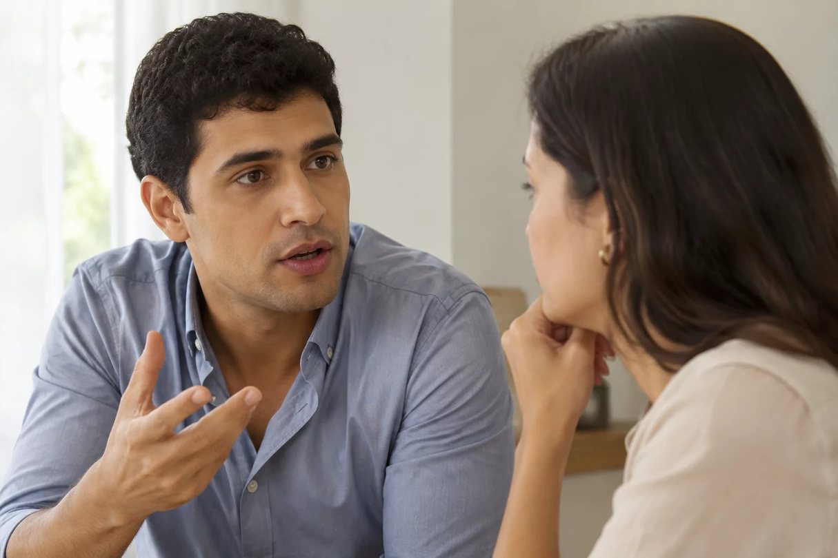 Duas pessoas frente a frente na mesa: uma sustenta a fala, a outra anota o que ouviu