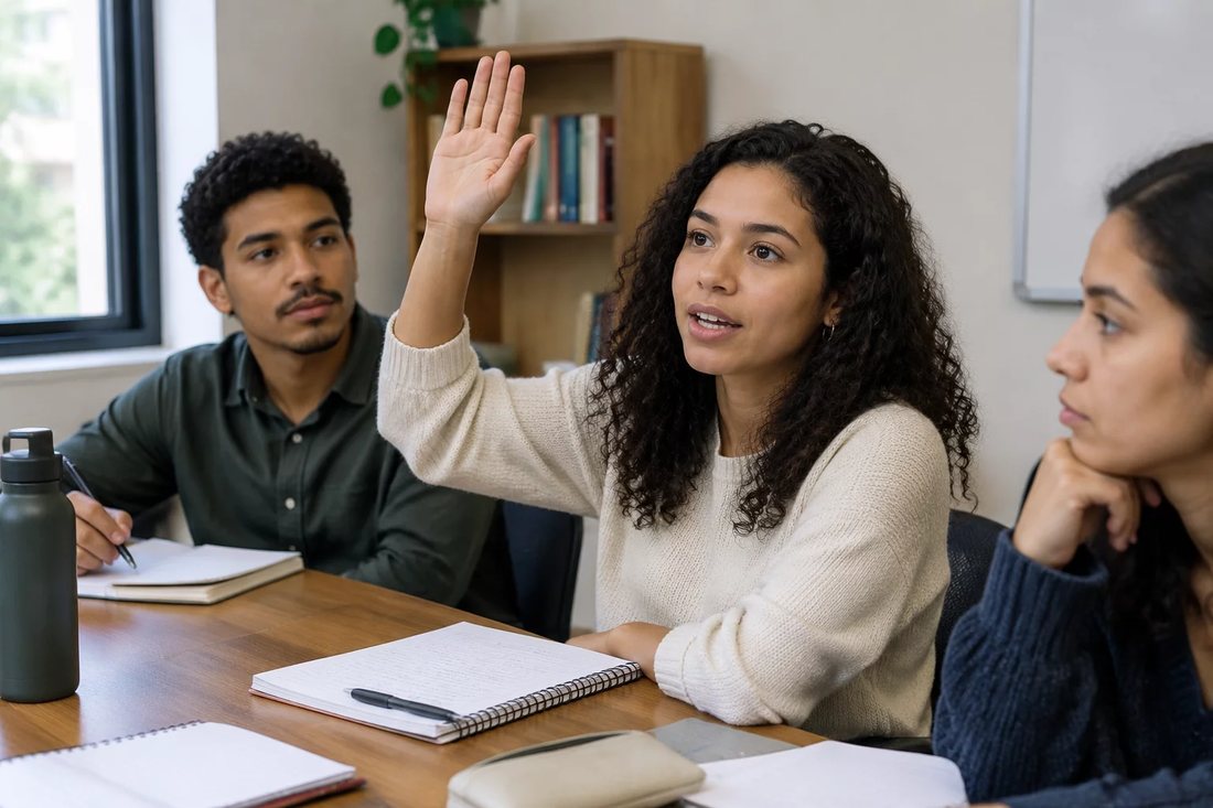 Facilitador em pé apontando para um argumento escrito no quadro durante a sessão